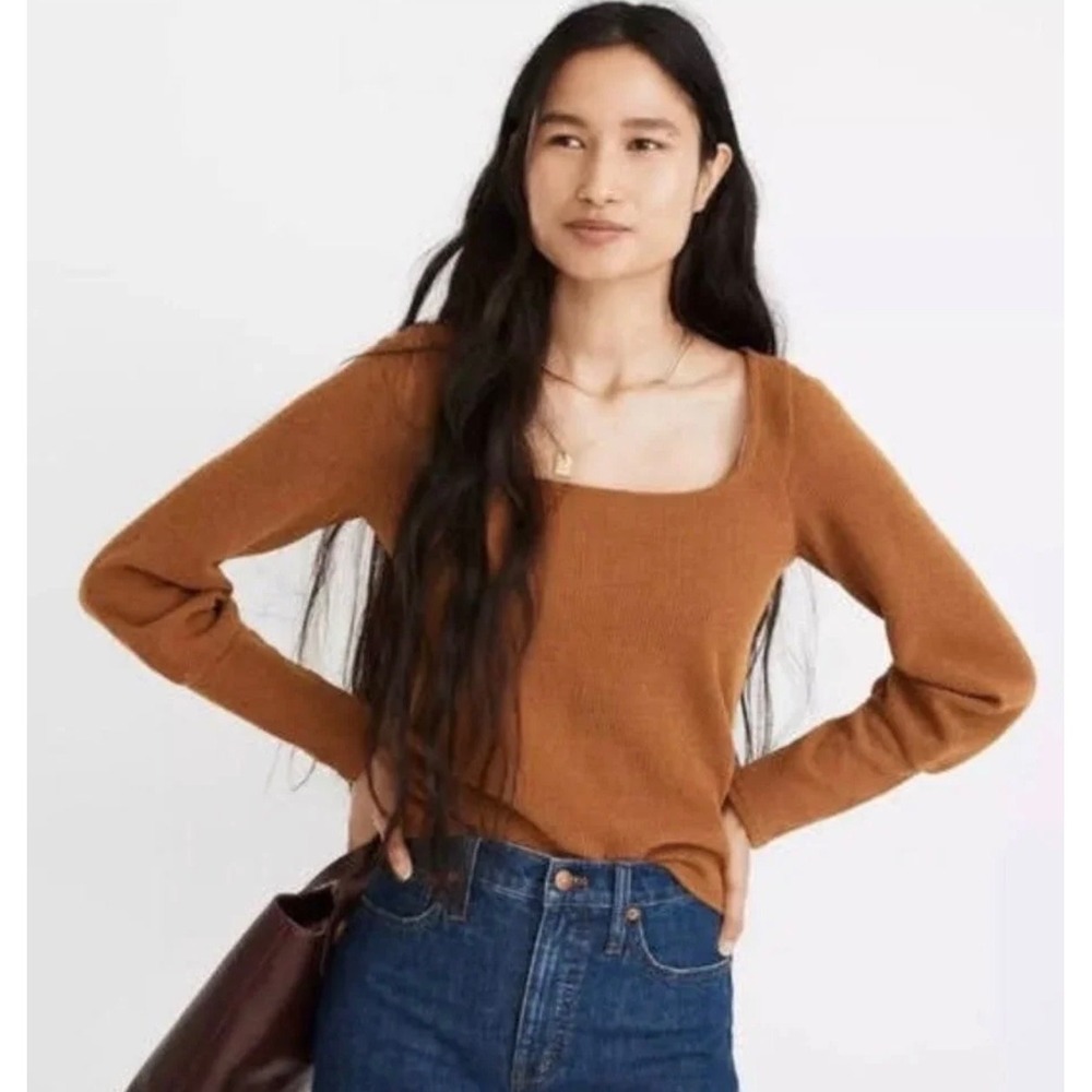 Madewell Ottoman Rib Square-Neck Top Dried Cedar Brown Rust XS Long Sleeve